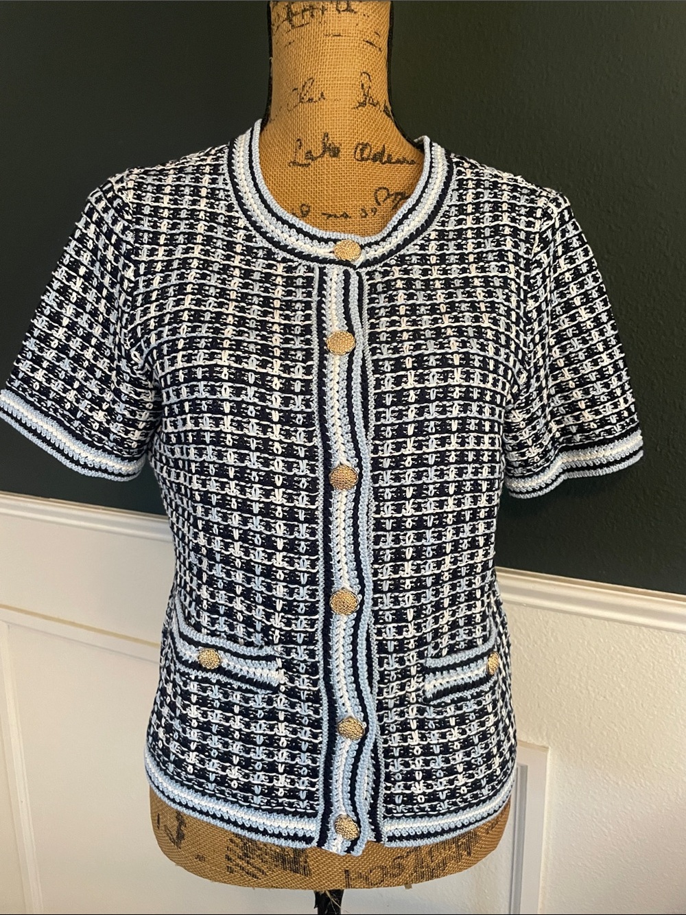 Talbots Navy and White Short-Sleeve Knit Cardigan